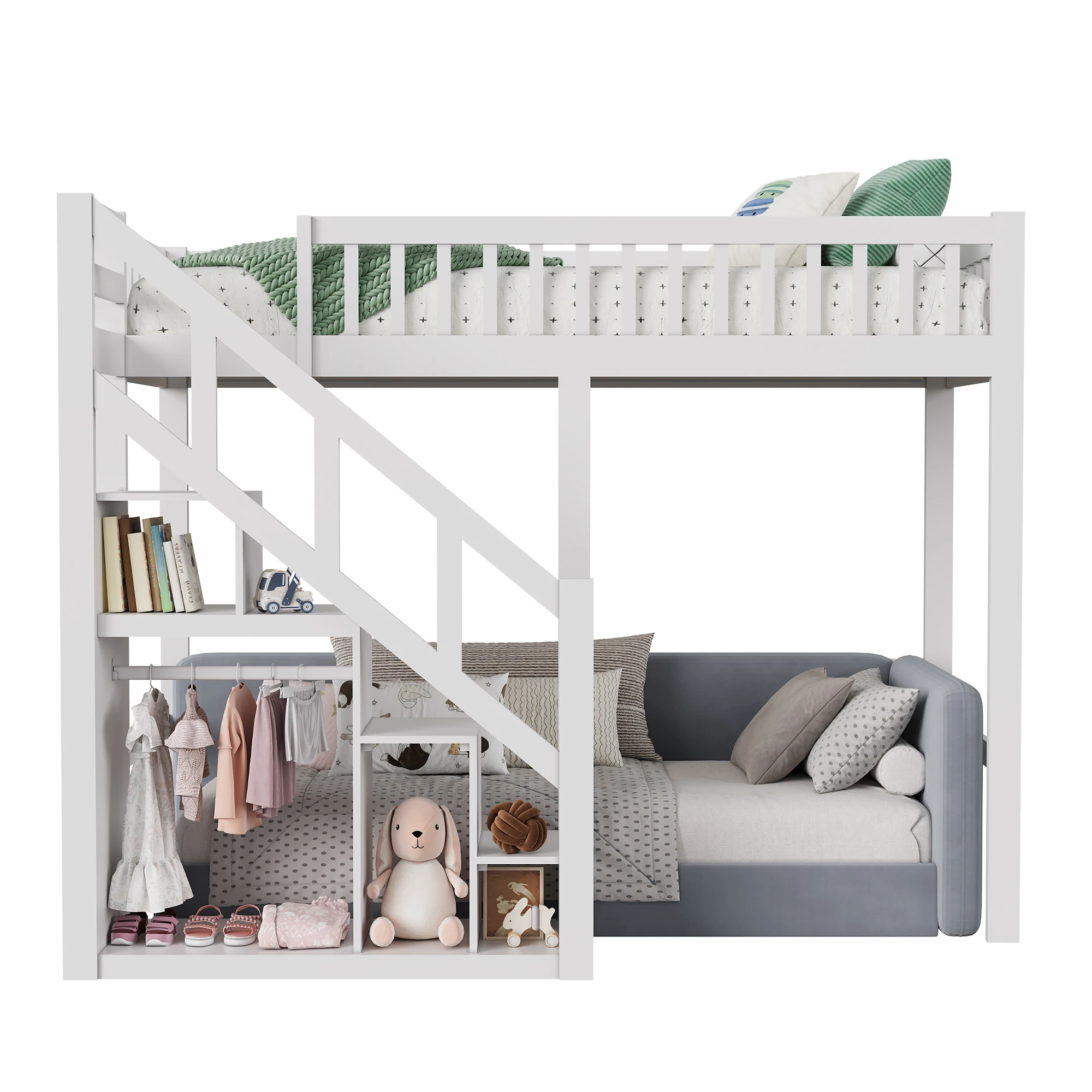 Cama litera para niños - Protección anticaídas y estructura de listones de madera, cama tipo cabaña de 90x200 cm para 2 niños, blanca, sin colchón