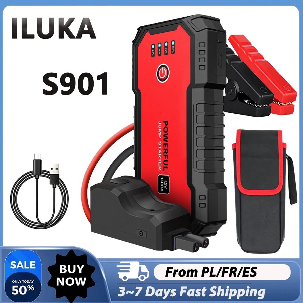 ILUKA S901 Smart Starthilfe-Powerbank, 1500A 12V Batterie-Booster mit 4-LED-Anzeige, QC18W Schnellladegerät für Smartphones und Tablets