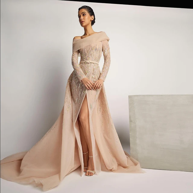 Ball Gown Knee Length off shoulder Sequin Tulle Prom Dress With Beading Sweep Train