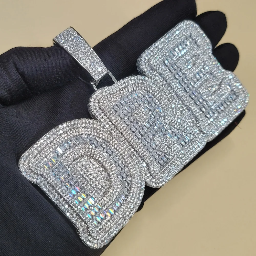 Custom Whole Piece Glossy Solid Back Personalized Big Baguettecz Letter Pendant Charms Name Necklace Cuban Chain Hip Hop Jewelry