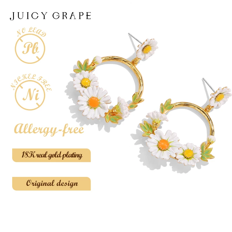 

Серьги-кольца «Сад Моне» с белыми маргаритками, оригинальный французский дизайн, подарок на вечеринку и день рождения