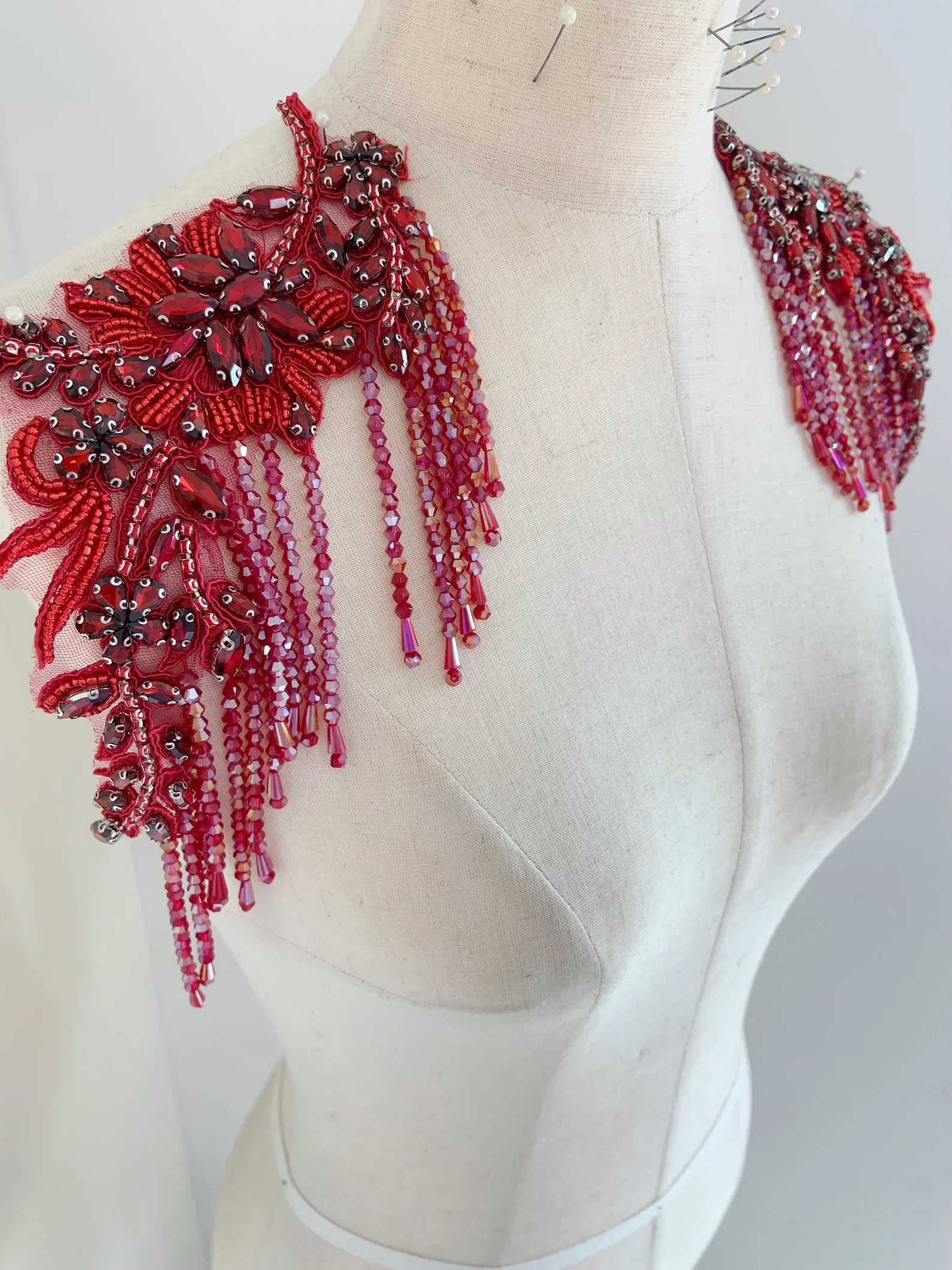 Ruby red Rhinestone Patch With Bead Tassel, Handmade Rhinestone Patch With Crystal Fringe For Couture Dance Costume