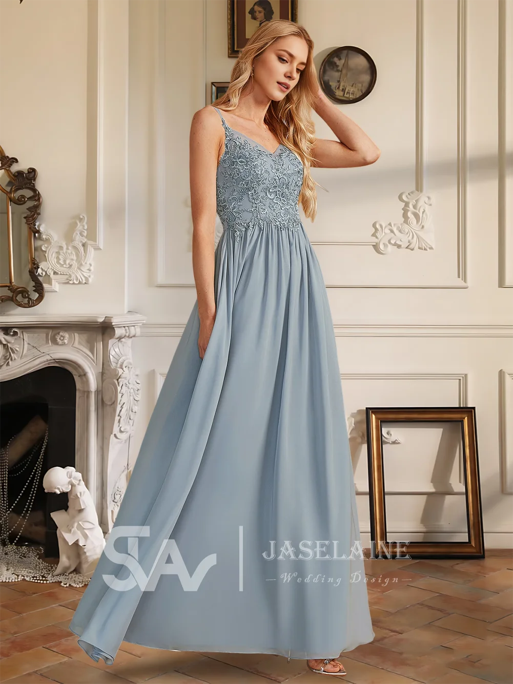 Luxury Royal Blue A-Line V-Neck Floor-Length Lace Ruffle Chiffon Bridesmaid Dresses Wedding Guest Evening Cocktail Gown 2025