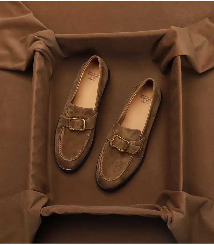 Caja para Zapatos ‌ Mocasines vintage de cuero genuino con hebilla para mujer, zapatos de cuero pequeños con punta redonda y sin cordones, estilo oxford de tacón bajo, primavera 2026