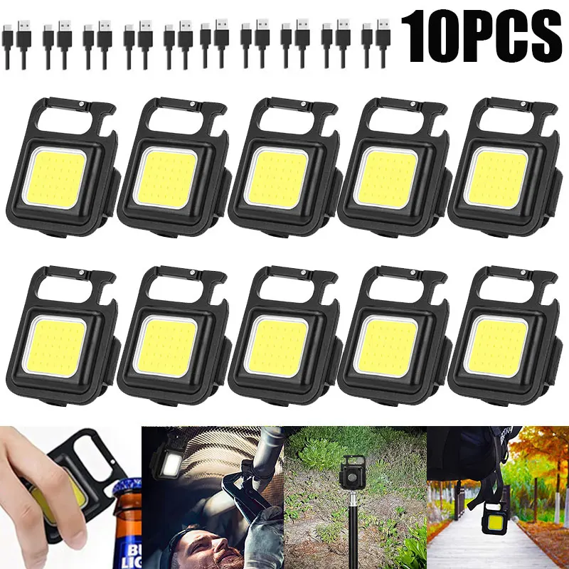 Led Flashlight Mini Usb Rechargeable Portable Keychain Cob Work Light High Power Led Torch For Outdoor Camping Corkscrew  10PCS