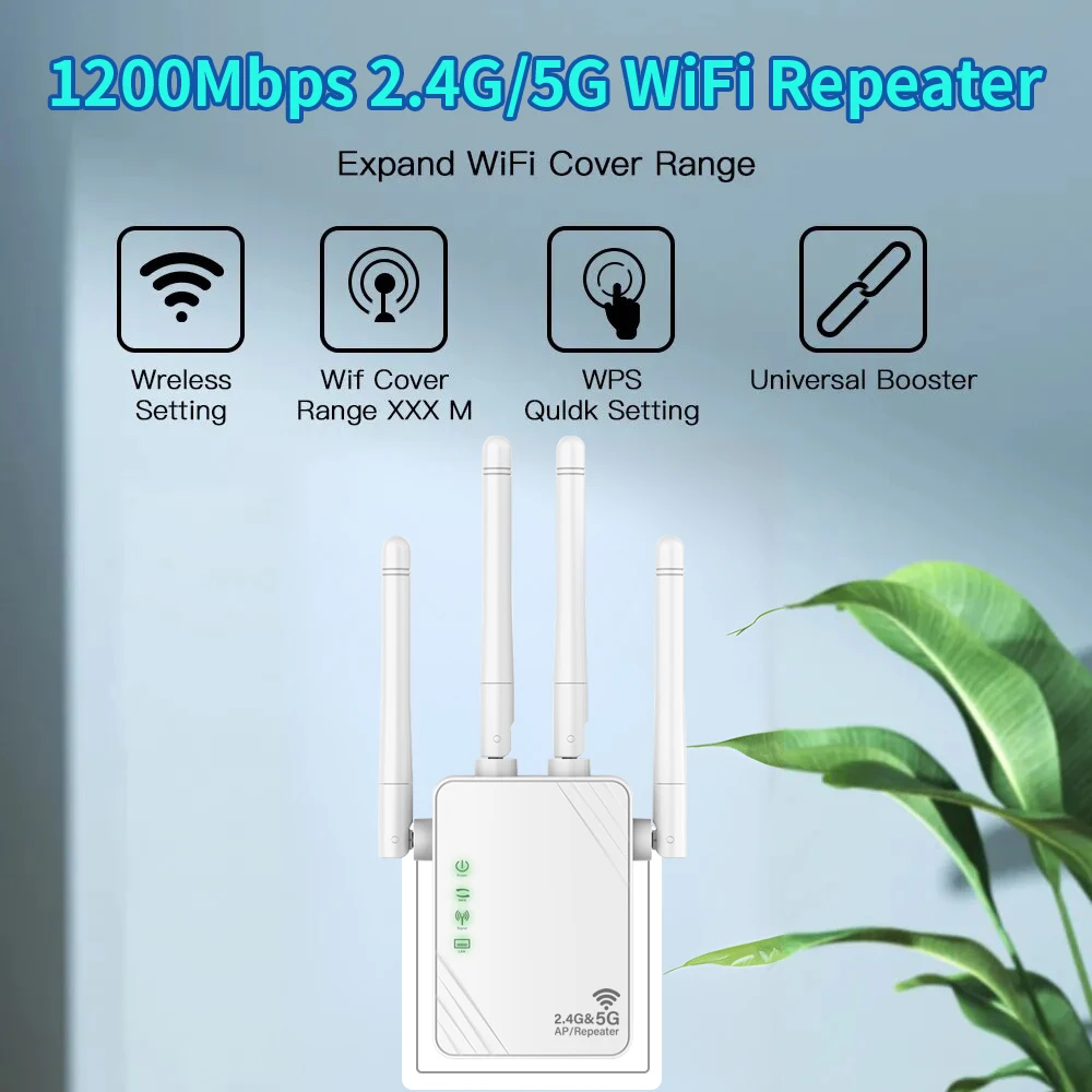 WiFi Extender 1200Mbps WiFi Signal Booster Dual Band 2.4G/5G Outdoor Signal Amplifier with Ethernet Port 360° Full Coverage