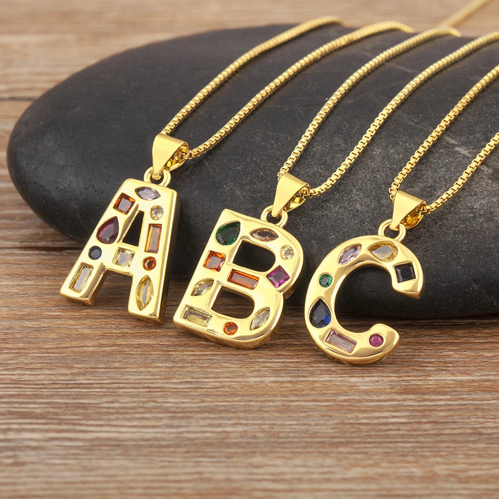 Nidin New Fashion Pave Colorful Zircon A-Z Letters Pendant Necklace Initials Alphabet For Women Name Clavicle Chain Jewelry Gift