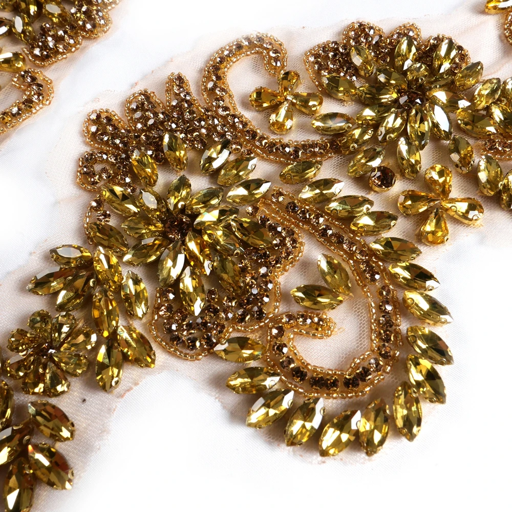 HelluyerDc Gold-Strass-Perlenapplikation, 14 cm x 39 cm große Applikation für Kleidungsdekoration, Stickerei auf Tüll zum Aufnähen