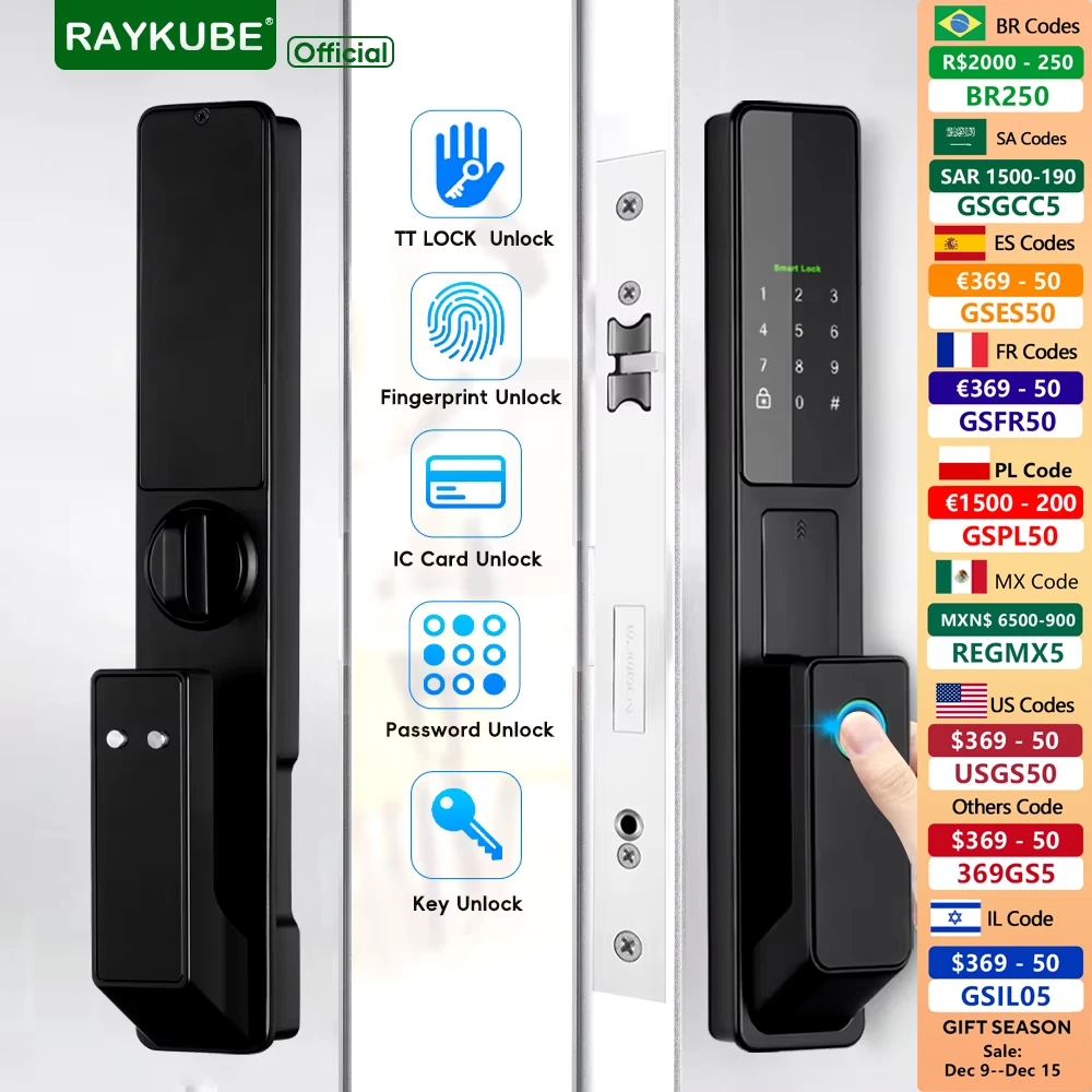 

RAYKUBE V1 TT Lock BLE Full-auto Advanced Electronic Fingerprint Smart Door Lock With TT Lock APP/NFC/ICCard/Password/Key Unlock