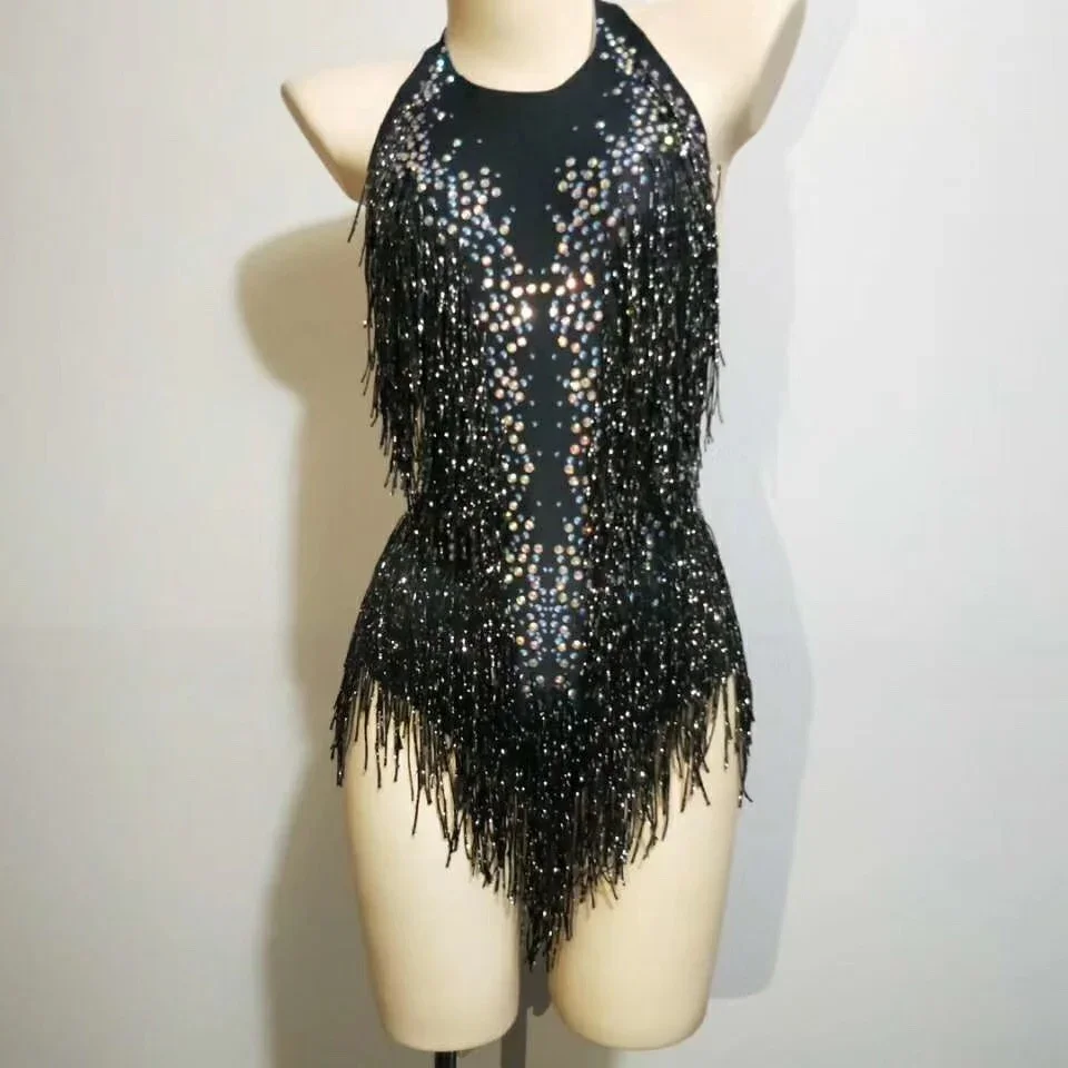 Czarne złoto Fringe kobiety body z kryształkami tancerz trykot Backless Latin Cha Cha etap body Drag Queen stroje 2025 — zdjęcie 2