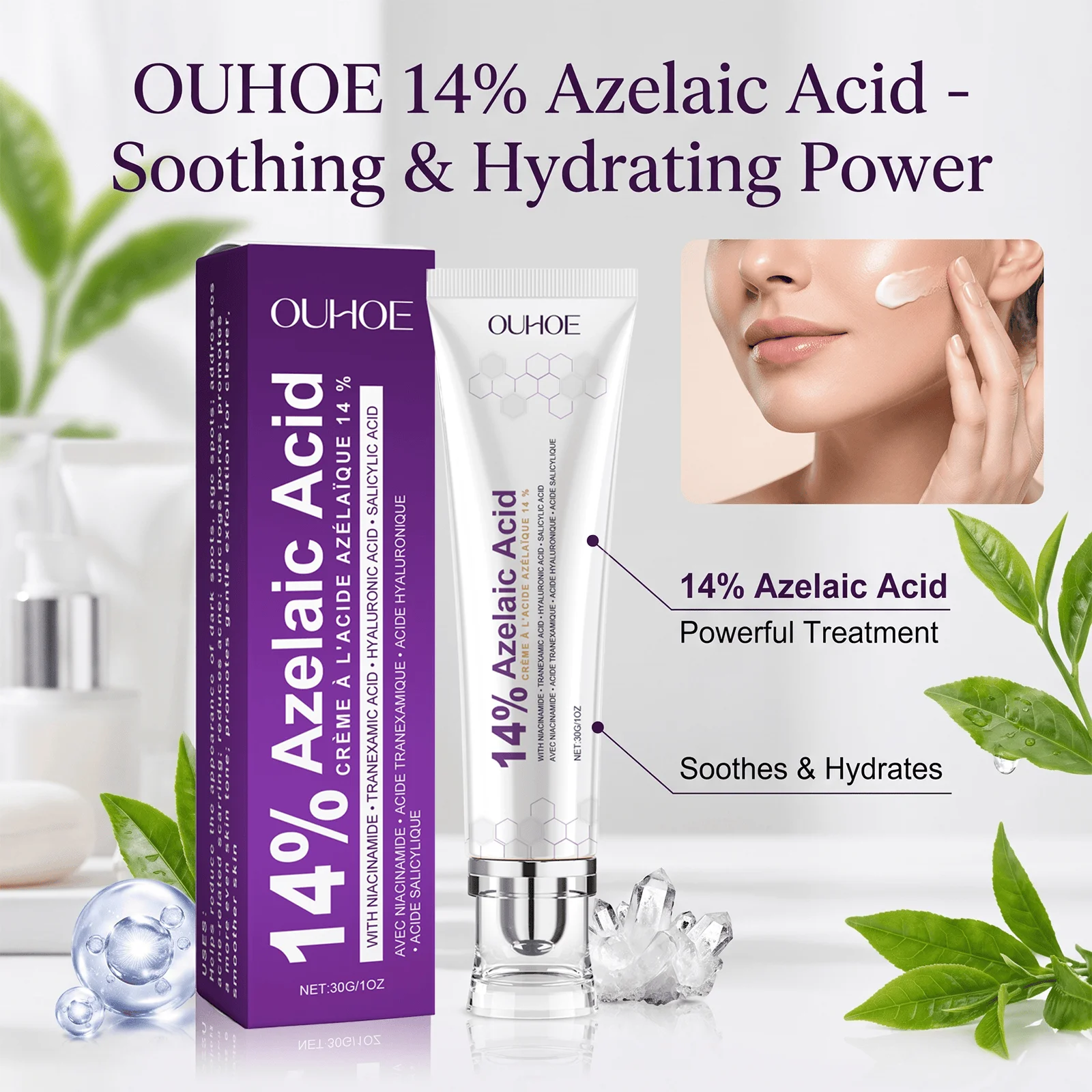 Ouhoe 14% Azelaic Acid Face Cream Contains Salicylic Acid Niacinamide Deep Plumping Hydrating Smoothing Dry Skin Barrier Dark Spot Remover Brightening Anti Aging Cream