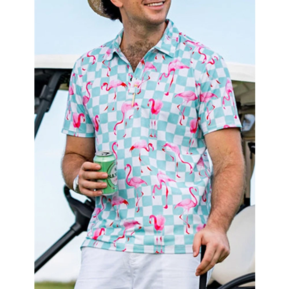 Men's Polo Shirt Golf Button Up Fashion Lapel Clothes Breathable Soft Short Sleeve Top Flamingo Summer Spring Golf Badminton