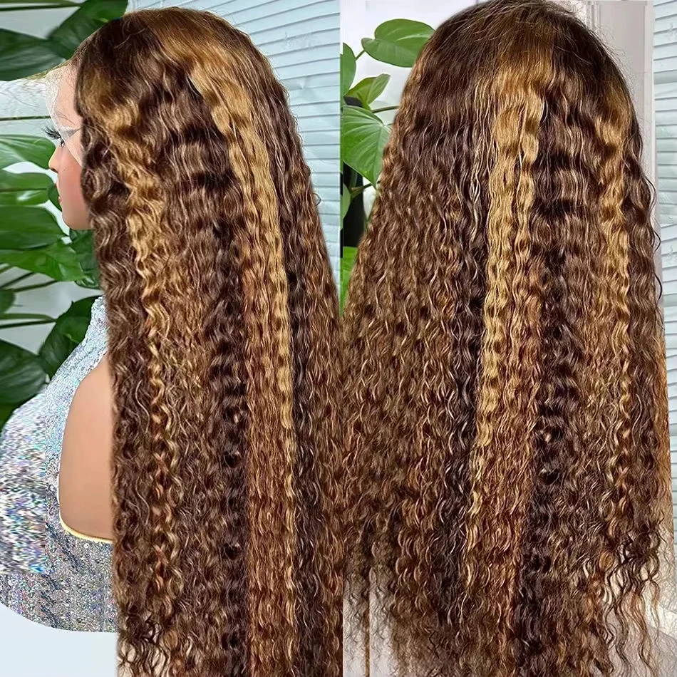 

Curly 13x4 4/27 Brown Lace Frontal Wig Highlight Ombre Colored Deep Wave 30 Inch 13x6 Human Hair Lace Front Wigs