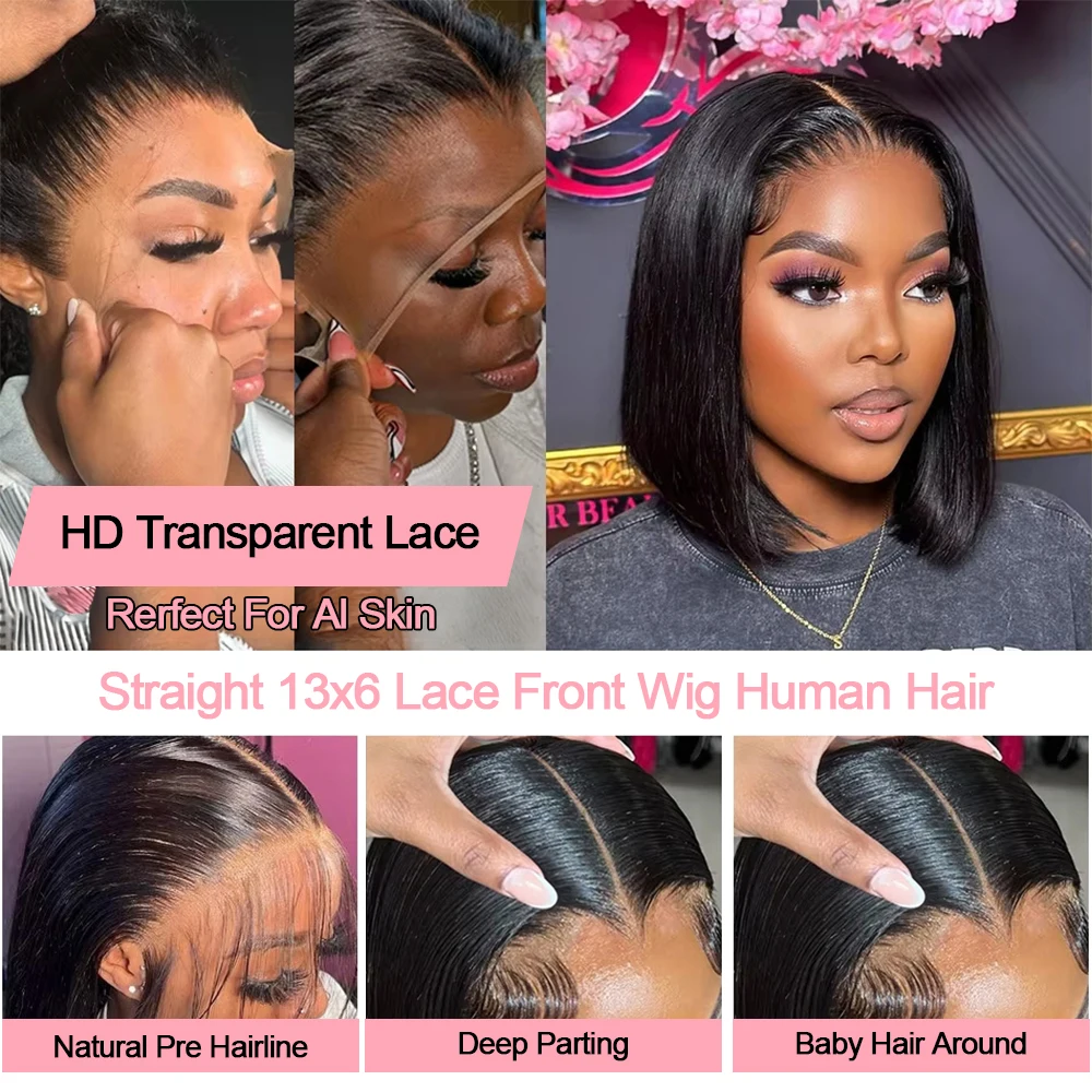 غلويليس ارتداء الذهاب قصيرة بوب شعر مستعار مستقيم البرازيلي الشعر البشري 13x4 HD الدانتيل الجبهة بوب شعر مستعار قبل قطع بوب للنساء جاهزة لارتداء #5