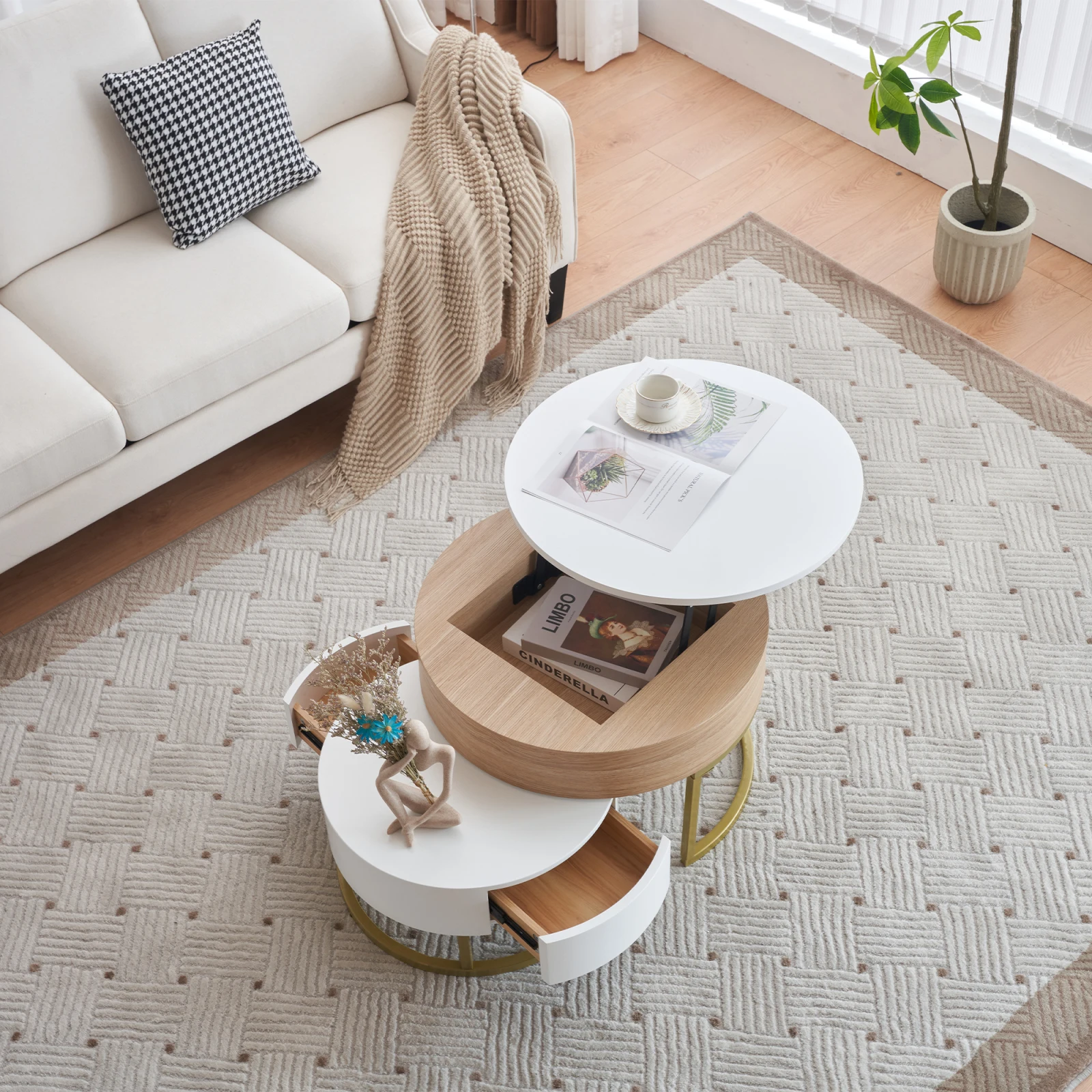 طقم طاولة قهوة مستديرة قابلة للطي من كومانلاي مكونة من 2، طاولة جانبية قابلة لضبط الارتفاع، مع سطح رفع ودرج، ومساحة تخزين مخفية