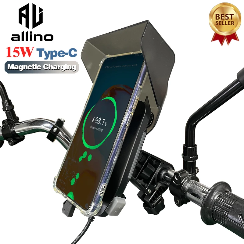 

Allino New Motorcycle Phone Holder Strong Magnetic Adsorption Wireless Charge Mirror Mount Handlebar Type Motorcycle Accessories