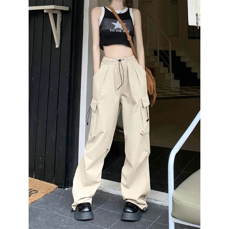 Women Casual Cargo Pant Solid Low Waist Drawstring Big Pockets Wide Leg Baggy Trousers Female Y2K Streetwear Oversize Sweatpants