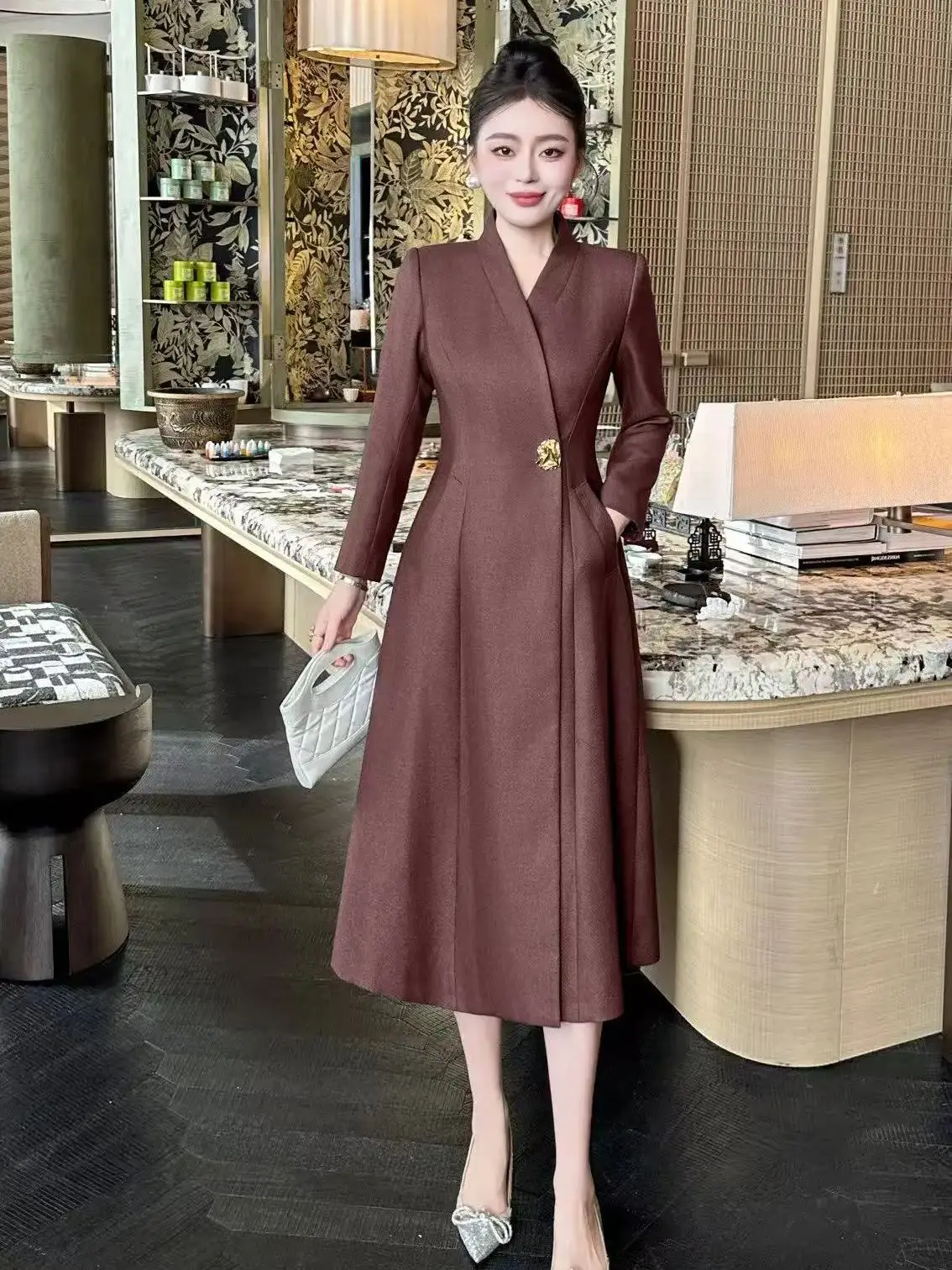 High-end elegant office business style waist buckle wool blend trench coat