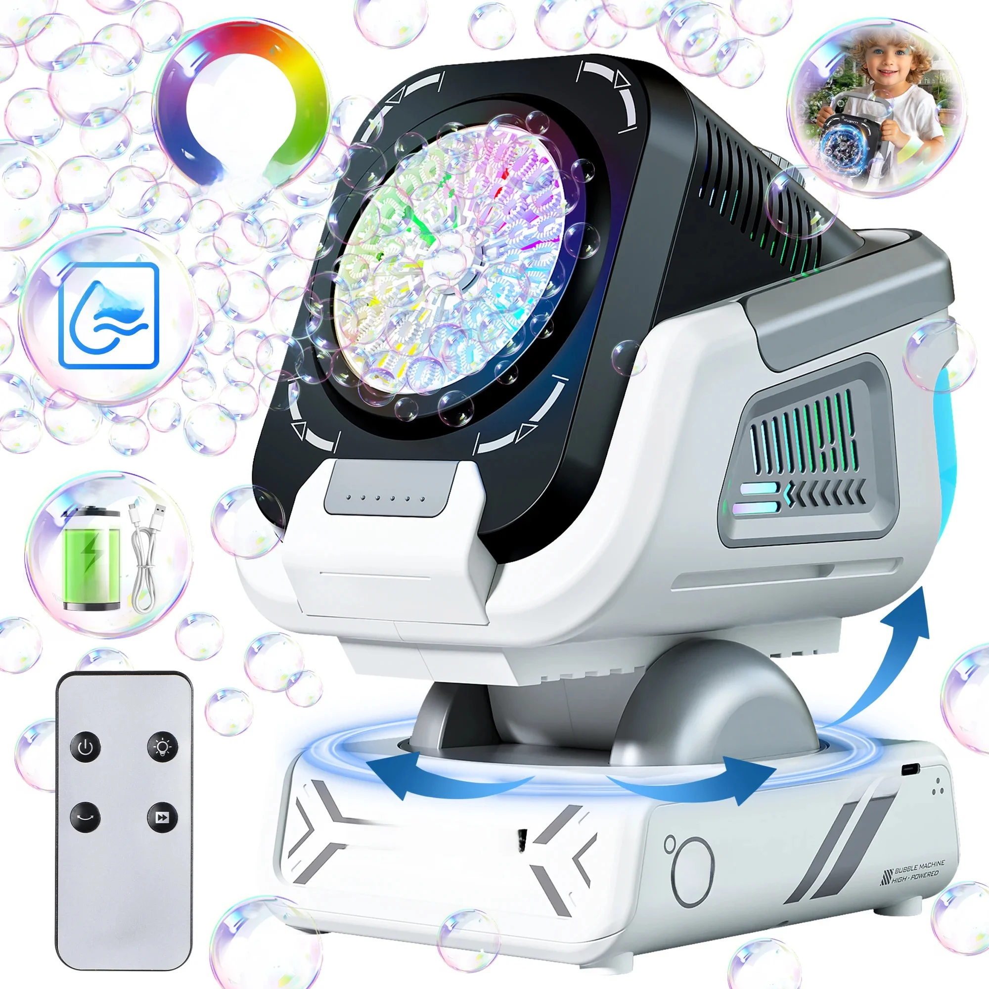 Die verbesserte Version der Seifenblasenmaschine mit Fernbedienung, automatischer Drehung und RGB-Licht, 1800 mAh wiederaufladbarer Akku, Typ-C-Aufladung, Seifenblasenmaschine, geeignet für Kinder,
