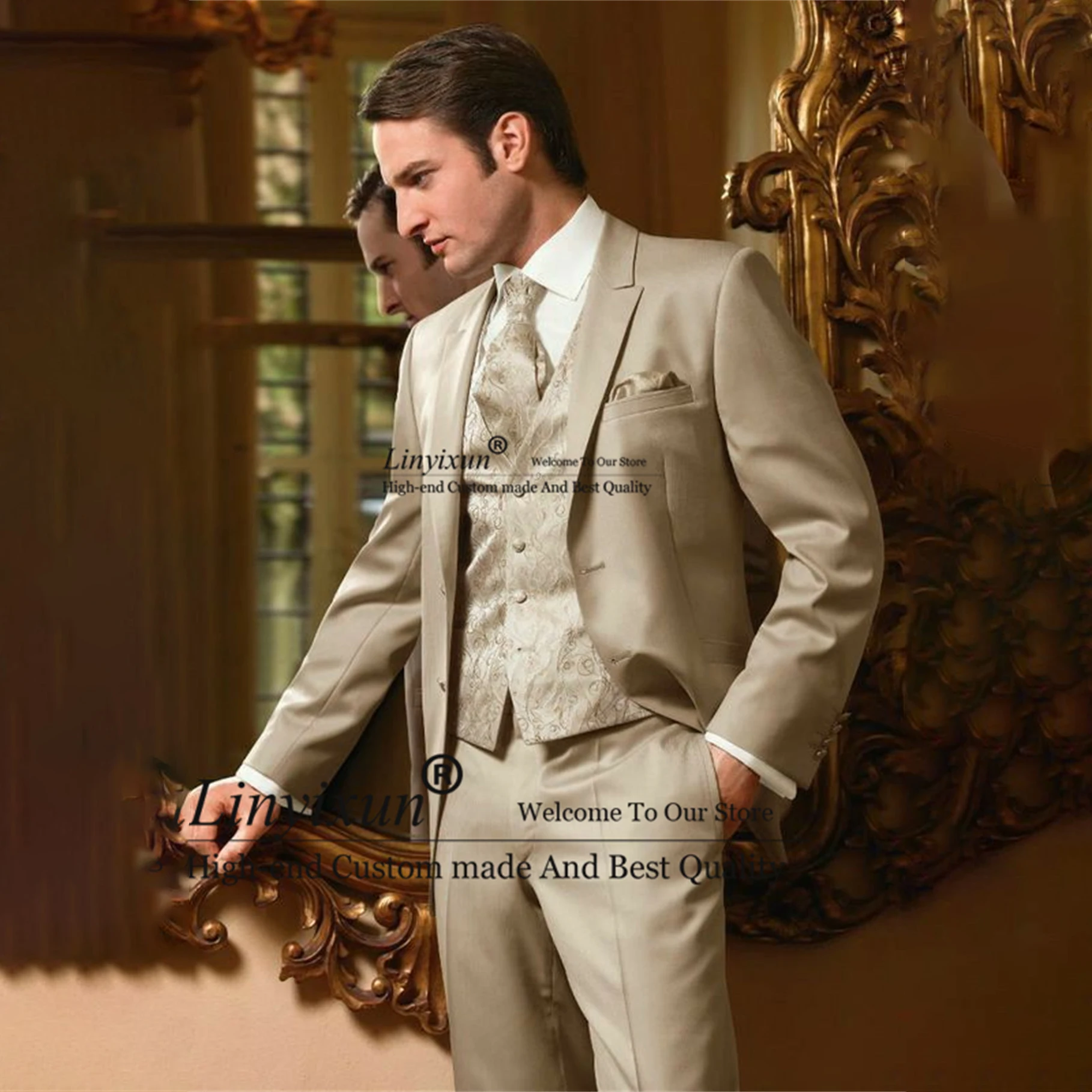 

Formal Beige Groom Wedding Tuxedos 3 Pieces Sets Men Suits Slim Fit Prom Party Blazer Jacquard Waistcoat Bussiness Costume Homme