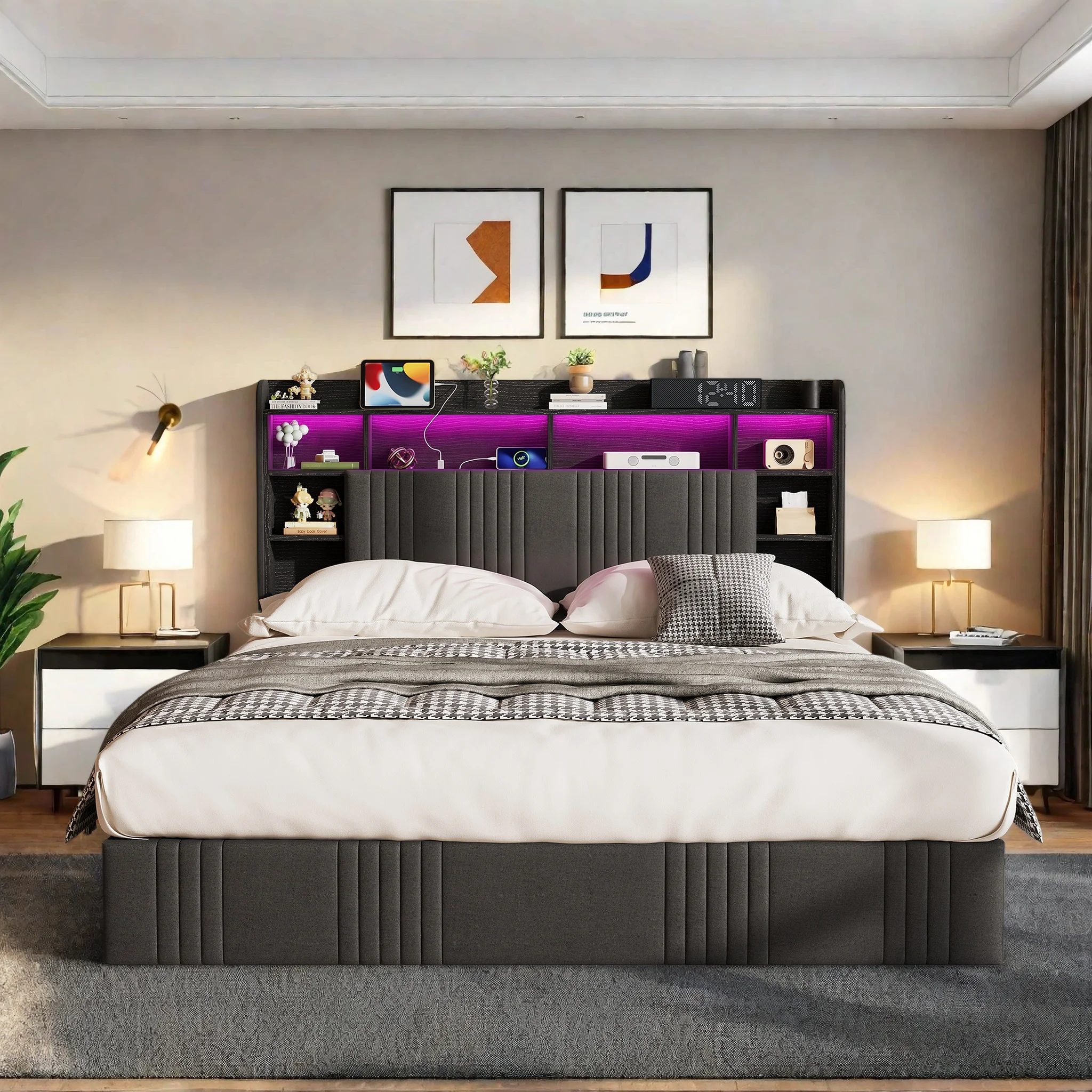 Image of Superaly, 140×200 cm Doppelbett, Erwachsenenbett, Bett für kleine Schlafzimmer, hydraulisches Bett, Polsterbett, Bett mit Stauraum, Kopfteil mit mehreren Staufächern, Bettgestell mit großer