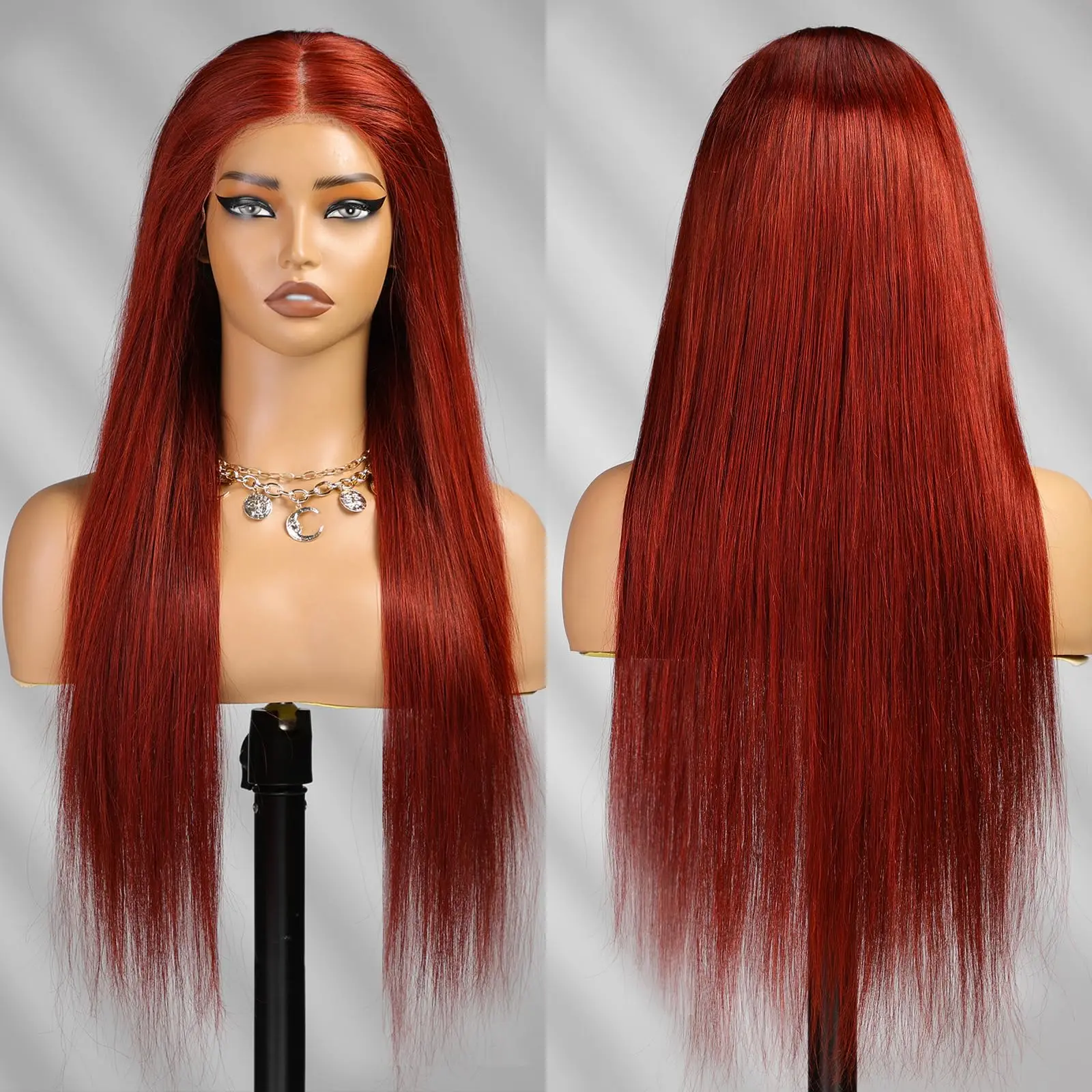 Reddish Brown Bone Human Hair 180% Density Glueless Straight Hair 7x5 HD Lace Front Wig 24 Inch 33# Colored Cooper Red Brown