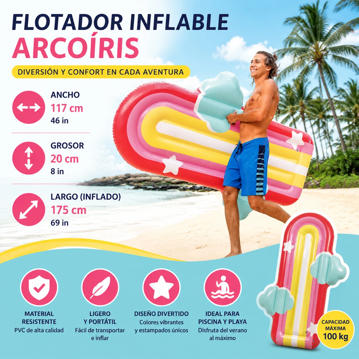 Tapis gonflable arc-en-ciel coloré, taille 175x117x20 cm, capacité maximale 100 kg, matériau résistant, conception avec soupapes de sécurité, nuages et étoiles, léger et pliable, pour la piscine, la plage, le lac, le plaisir aquatique et la relaxation aquatique, pour adultes, été