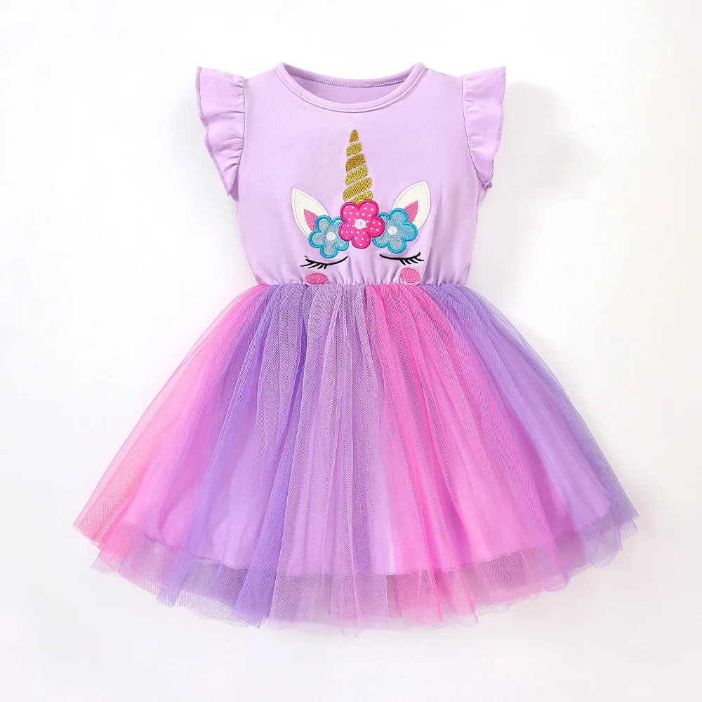 

Toddler Girls Unicorn Embroidery Dress Flutter Sleeves Casual Tutu Dress Kids Cute Summer Party Dress