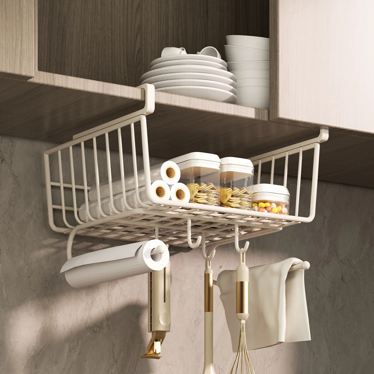 WMMO Kitchen Cabinet Storage Hanging Basket Steel Rack for Spices Dishes Under Desk Organization for Bathroom Layered Storage