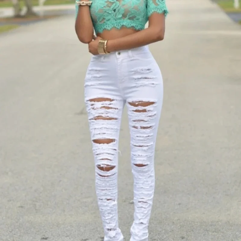 Nowy projektant Denim Women 2025 High Waist Ripped Jeans dla kobiet Skinny Black White Jeans Woman Elastic Slim Jean Female Femme — zdjęcie 2