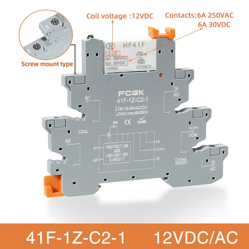Din Rail Slim Relay Module 41F-1Z-C4-1 Geïntegreerd PCB Mount Power Relay met relaishouder 12VACDC 24VACDC relaisaansluiting 6,2 mm