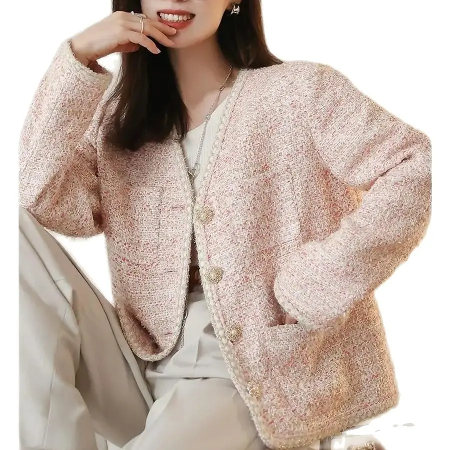 

2023 Spring Autumn Retro Tweed Weave Fragrant Short Coat Women V-Neck Female Jaqueta Casaco Chaquetas