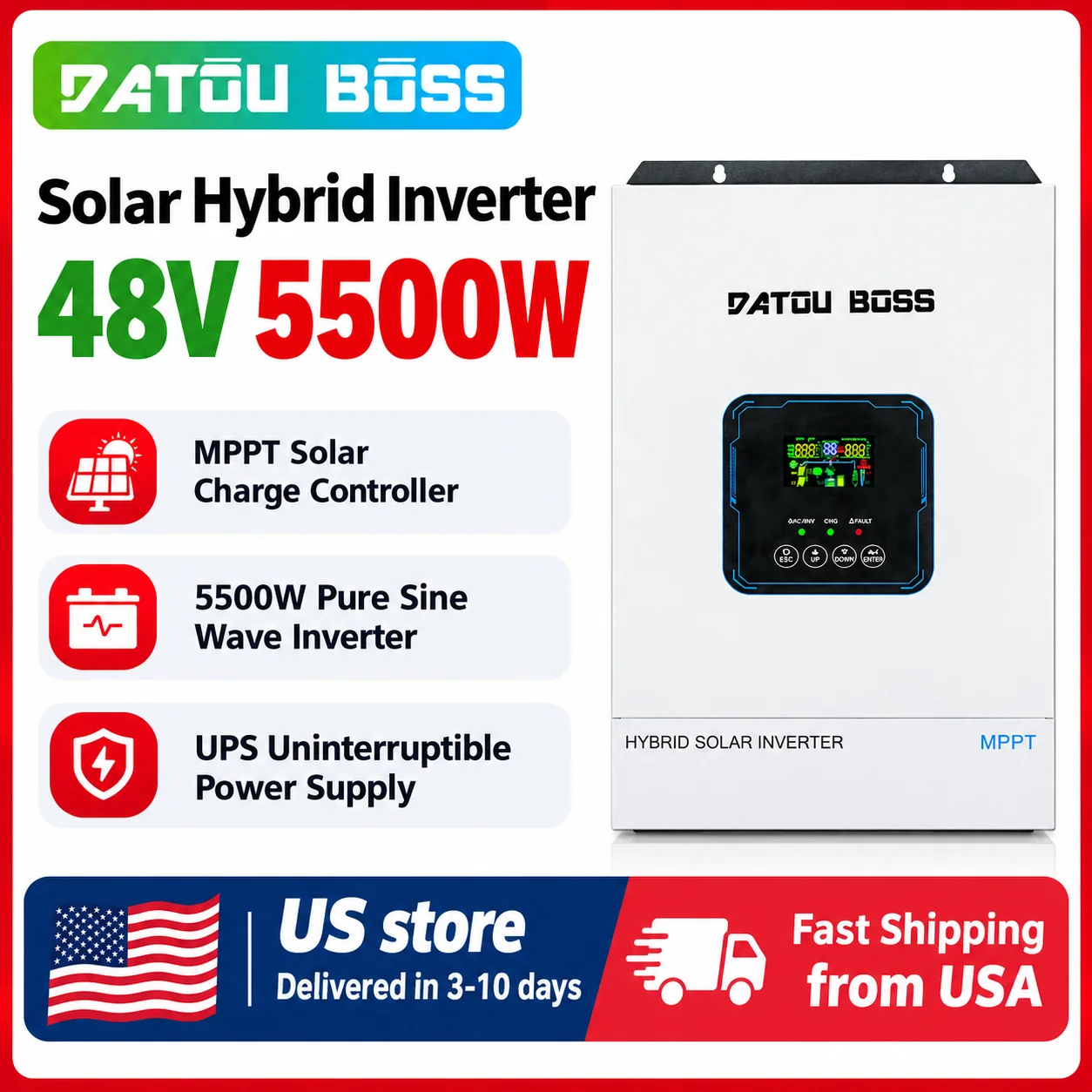 DATOUBOSS 48V 5500W Solar Hybrid Inverter, 48V DC to 110V–120V AC, Pure Sine Wave, with MPPT, Supports RS485 and RS232, Suitable for Home Energy Systems and Emergency Power Supplies; Ships from U.S. Stores in 3–10 Days
