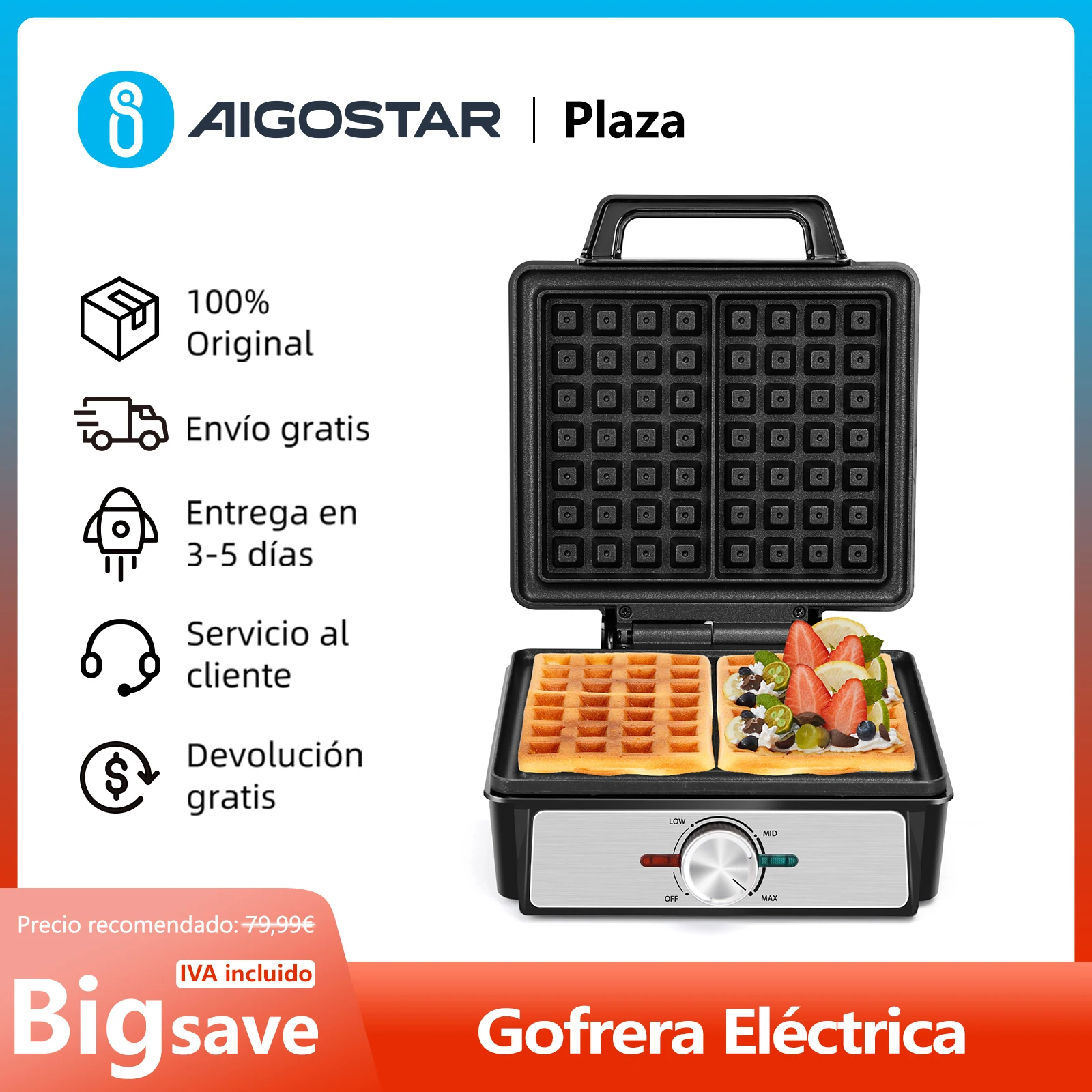 Gofrera Eléctrica, 1600W, Revestimiento Antiadherente, Gofrera Belga con Placas Profundas, Temperatura Regulable e Indicador LED