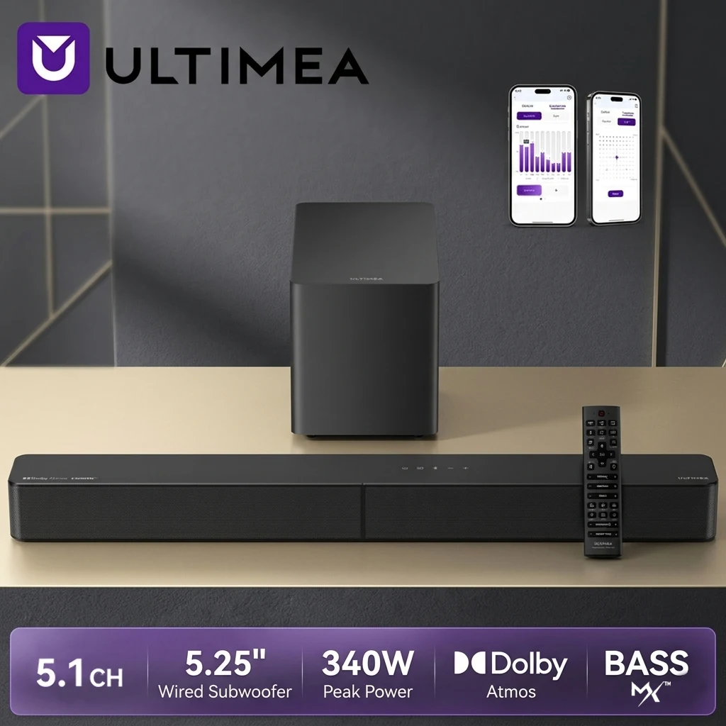 ULTIMEA 5.1 Soundbar mit Dolby Atmos, Heimkino-Surround-System Soundbar für TV mit 5,25-Zoll Kabelgebundenem Subwoofer, APP-Steuerung