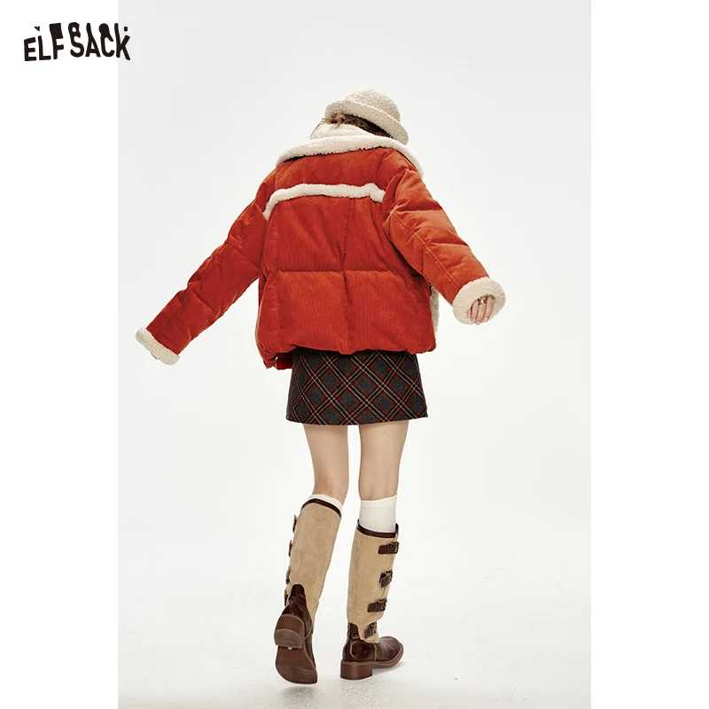 ELFSACK 2024 Winter New Arrivals New Year white plush stitching red down jacket women
