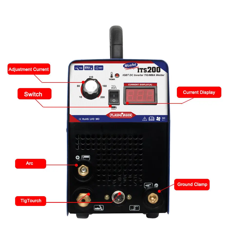 TIG ARC Welder 200A Stainless Steel Argon Inverter TIG&MMA Stick Welding Machine Stick 220V or 110/220V+/-15%