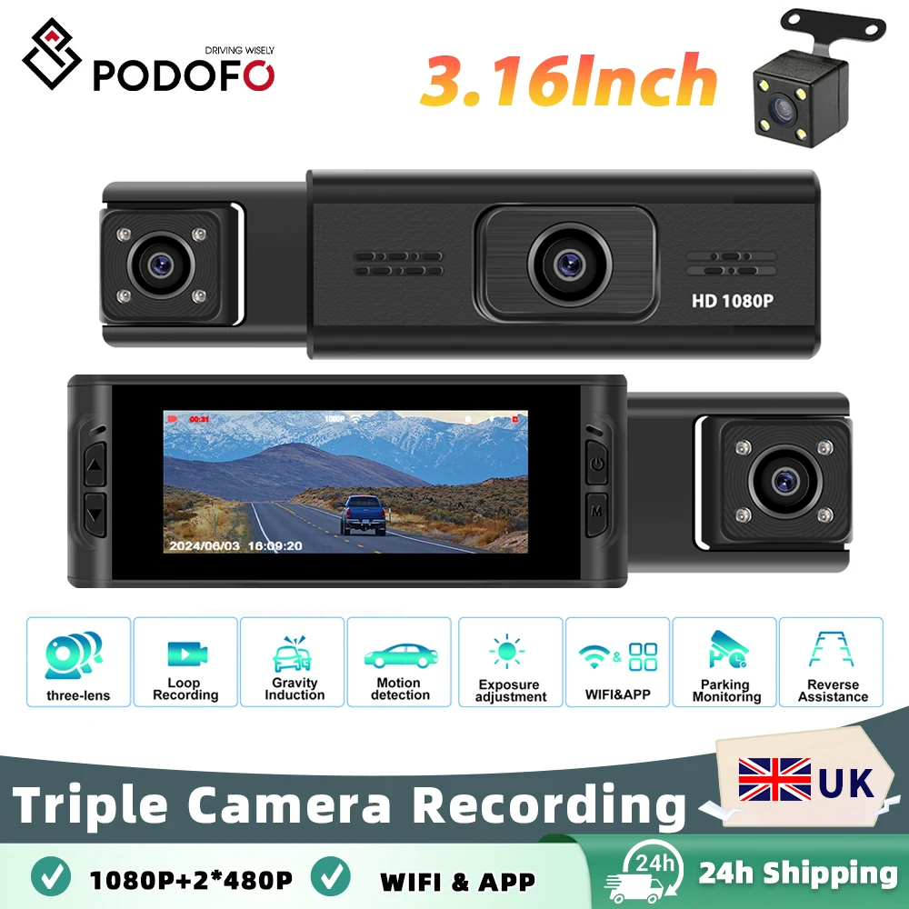 Podofo 3.16''Dash Cam 1080P Triple Lens Dvr Support Loop Recording/24H Parking Surveillance/G-sensor/WiFi With 64G Card
