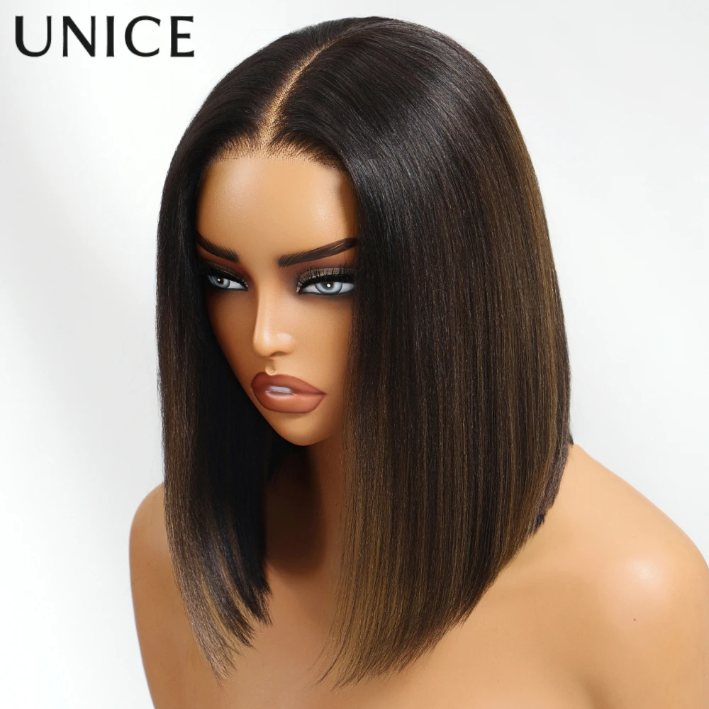 UNice 7x5 الدانتيل قبل قطع قبل ابيض الطبيعية الأسود ياكي مستقيم بوب شعر مستعار شعر الإنسان مع الكراميل البني تسليط الضوء على والرباط #1