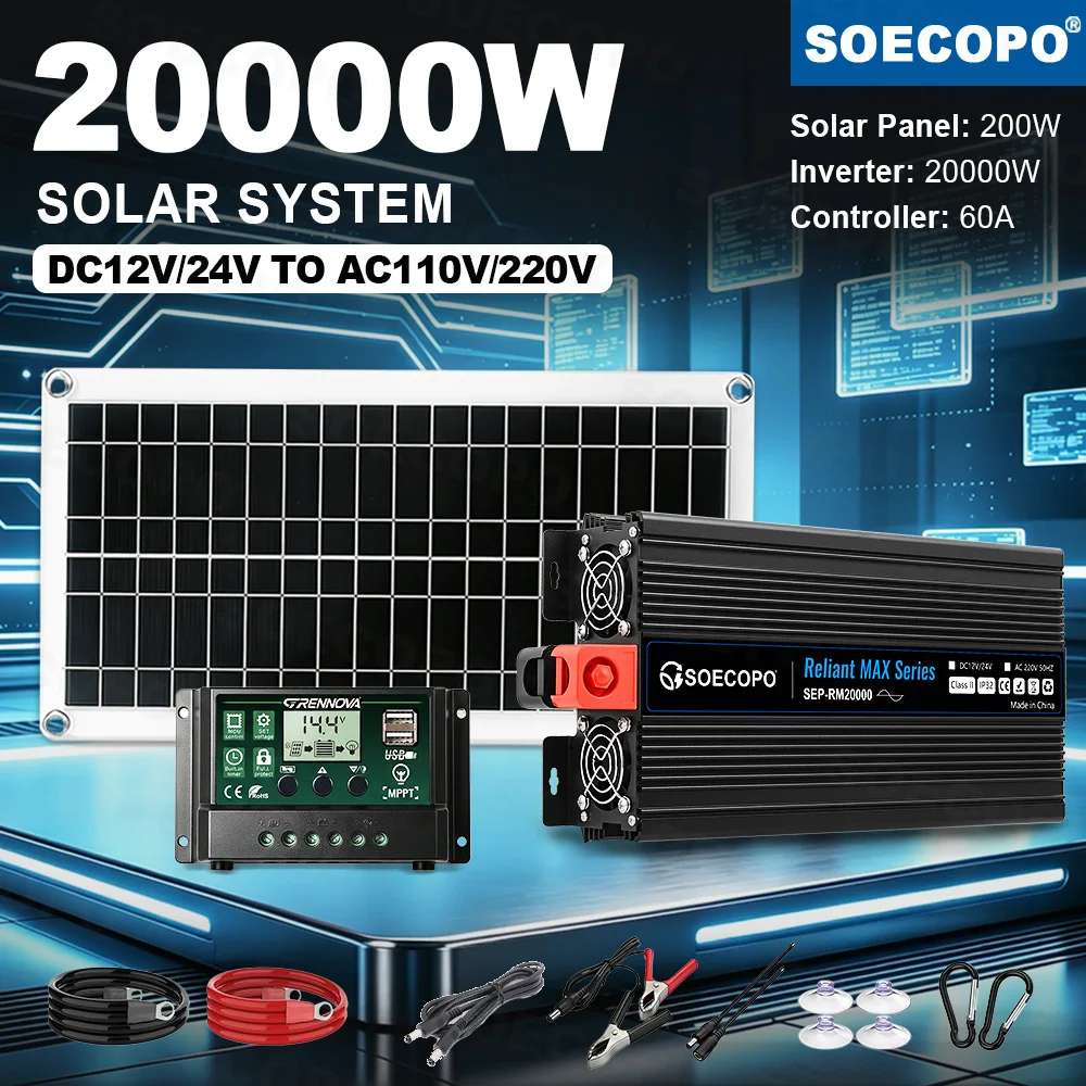 20000W Solar Generator Kit with High Efficiency Inverter 200W Panel Controller Power Supply for RV Camping Outdoor Emergency car