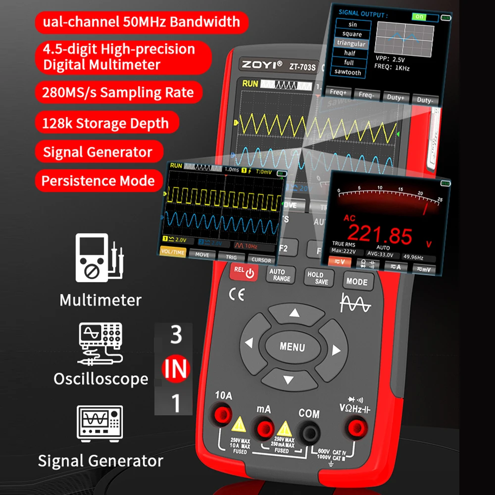 Multímetro de osciloscopio 3 en 1 ZOYI ZT-703S con pantalla IPS de 3,5 pulgadas, 25000 recuentos, ancho de banda de 50MHZ de doble canal, 280MSa/s de alto