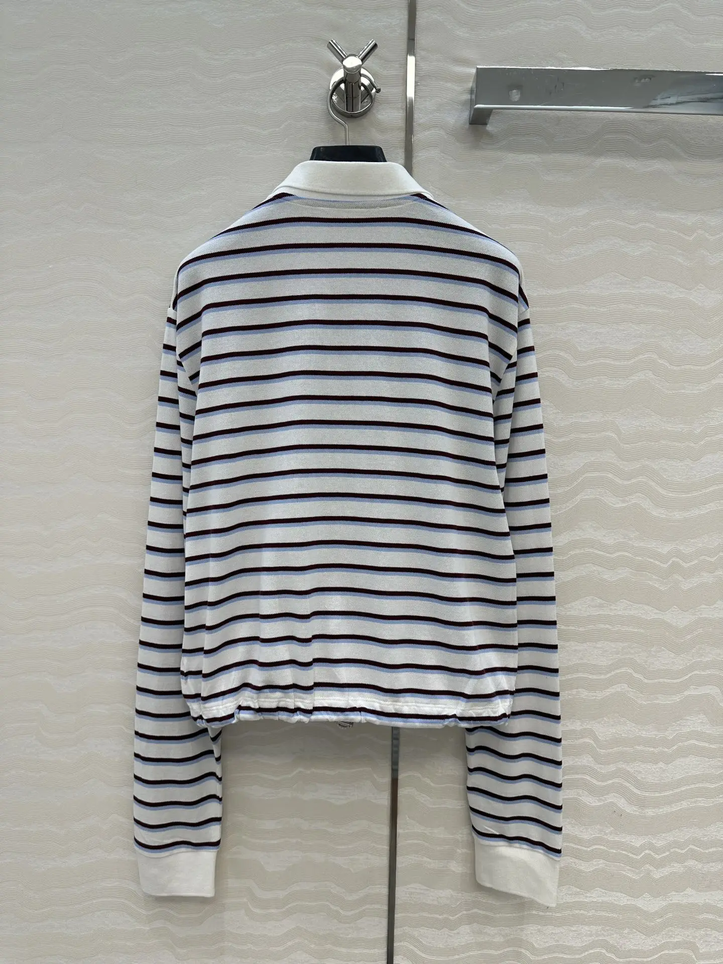 

2025 Summer Fashion Trendy 3D Cut Drawstring Elastic Cotton Lapel Striped Plain Long Sleeve Polo Shirt 061