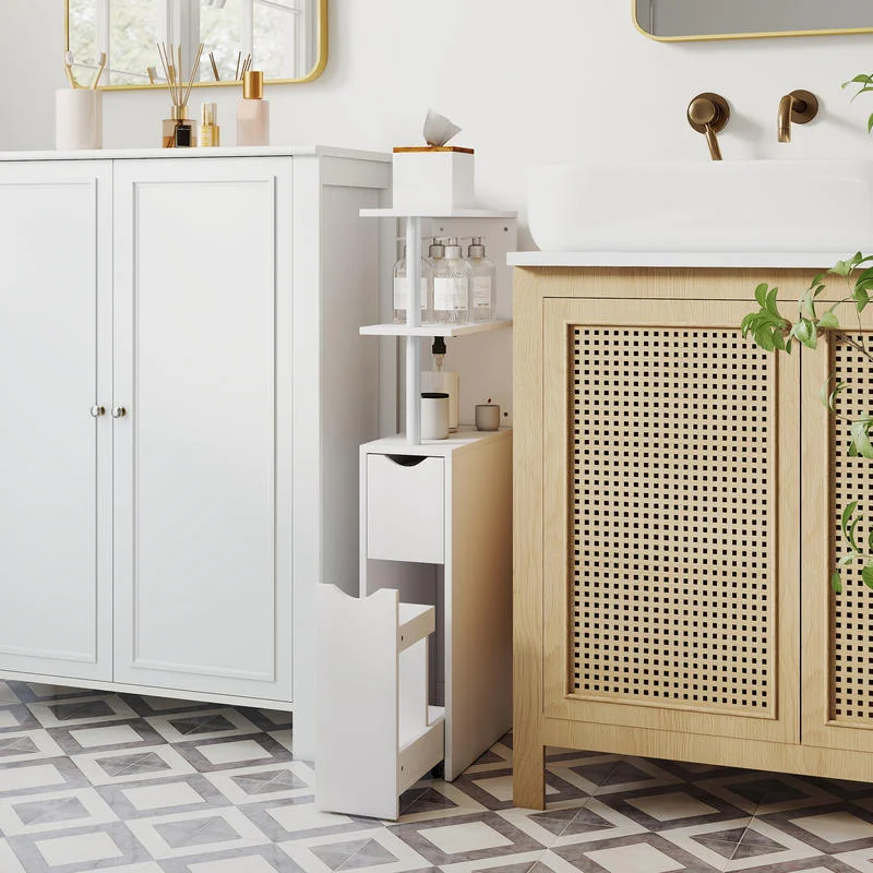 Meuble de rangement moderne pour salle de bain avec étagères ouvertes et tiroirs lisses, gain de place pour serviettes et produits de beauté, facile à nettoyer