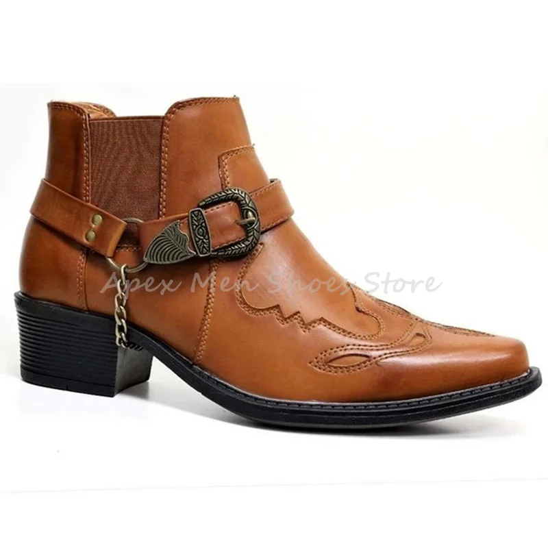 

Designer Chain Embellished Men's Ankle Boots Vintage Buckle Strap Cutout Thick Heel Chelsea Boots Casual Cowboy Botas Winter