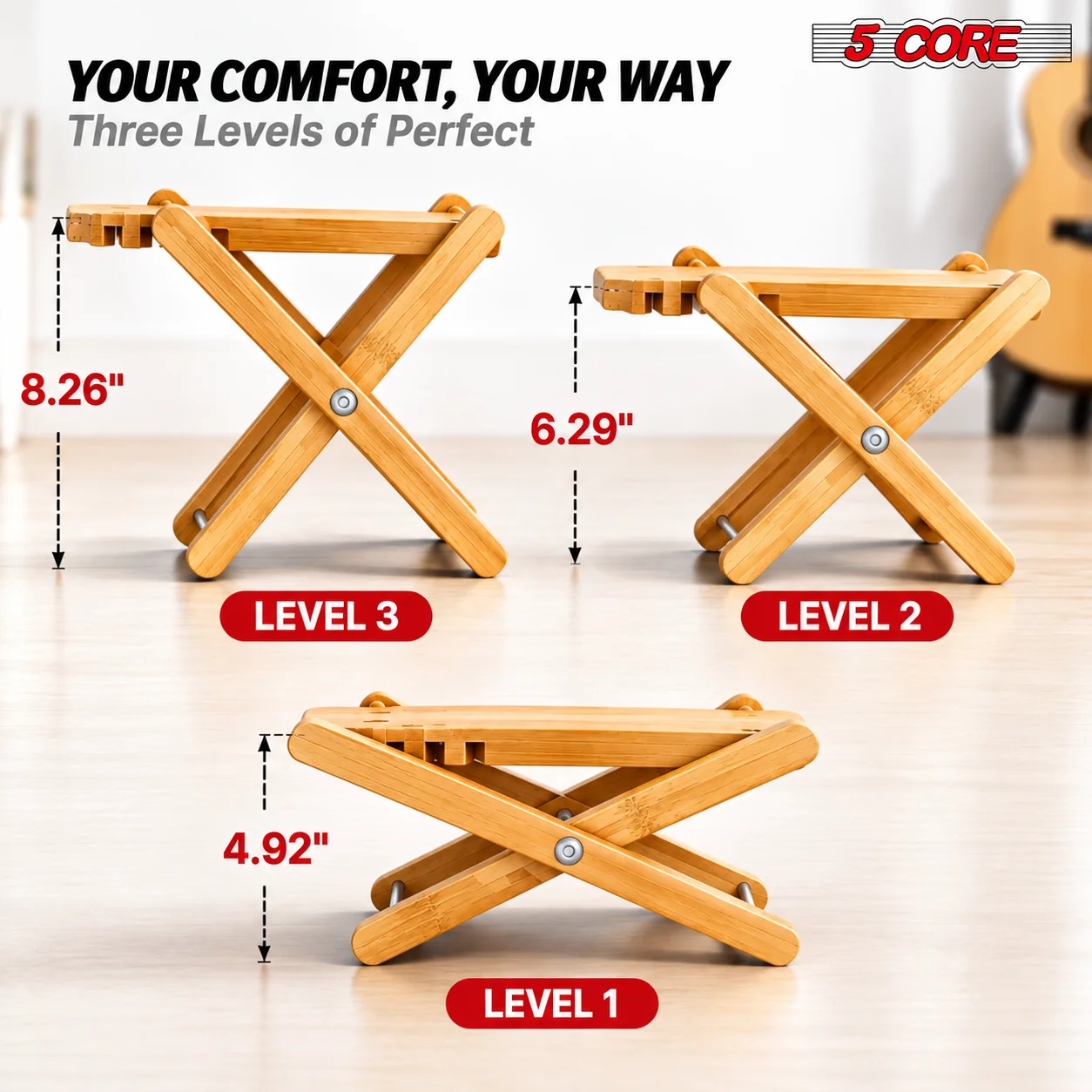5 Core Guitar Foot Stool 3 Level Adjustable Leg Rest Non Slip Portable Wood Classical Footrest
