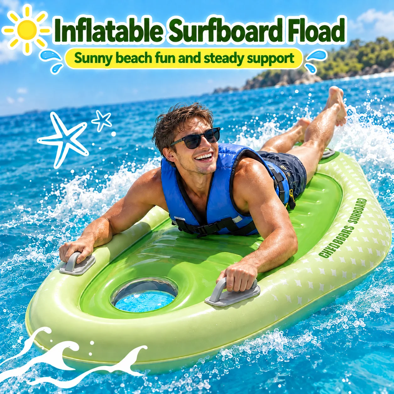 Inflatable Surfboard Float, Thickened PVC Water Floating Board with Secure Handholds, Stable Support for Beach Sea Pool Summer