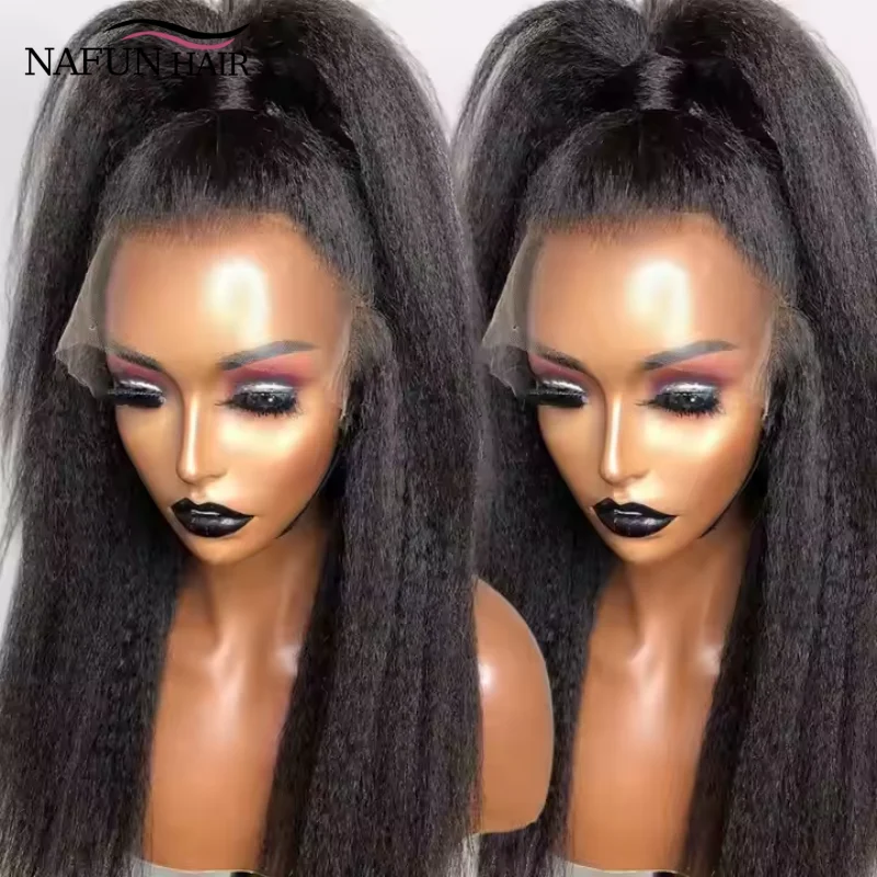 Transparent Kinky Straight Lace Front Wig Yaki Bleached Brazilian 13x4 HD Lace Frontal Wigs Human Hair For Women With Baby Hair