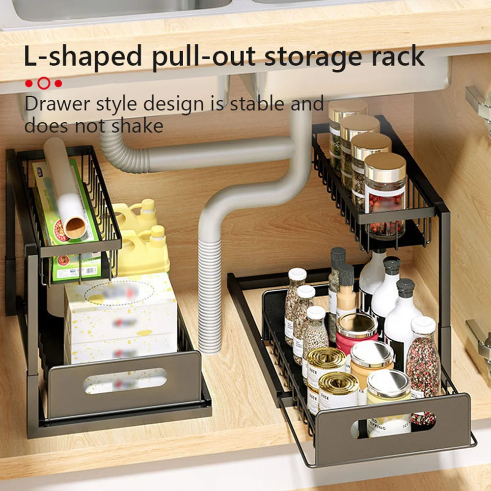 2-Tier Pull-Out Under Sink Organizer Shelf Cabinet Slide Out Rack Kitchen Countertop Drawout Storage Under Sink Sliding Shelf