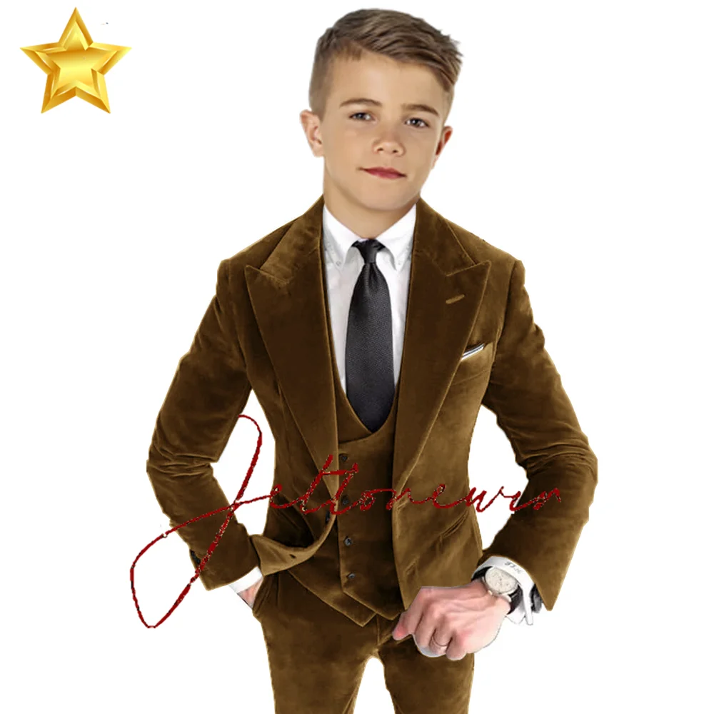 Tuta da bambino in velluto a 3 pezzi con risvolto a due bottoni smoking Slim Fit Blazer gilet pantaloni per bambini da sposa