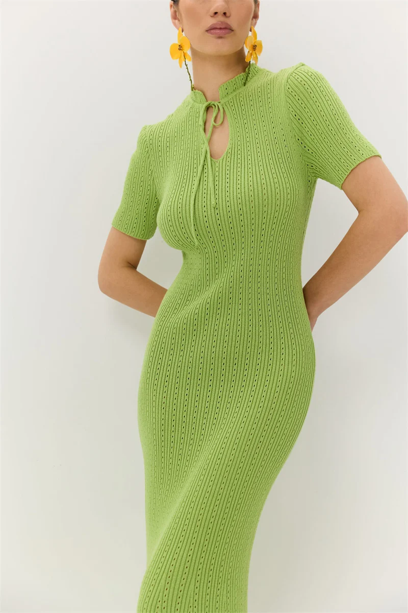 Women's Sexy Short Sleeve Long Knit Dress Swimwear Summer Beach Hollow Out Crocheted Bikini Cover Ups Swimsuit Robe